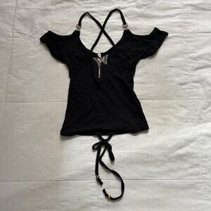 D.i.a. Y2K Black off the shoulder strappy gold butterfly zip top gold detail